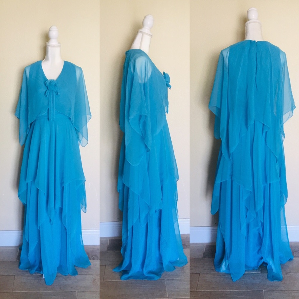 Iconic Vintage 60’s Chiffon Ruffled Blue Dress Sheer Evening Prom Mod Hipppie - Picture 4 of 8